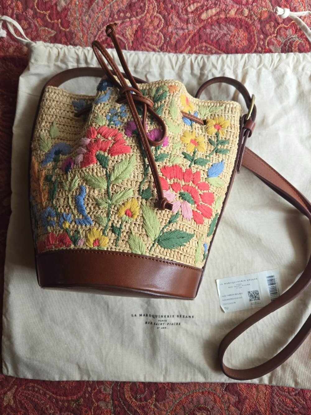 Sezane Mini Farrow Rafia Bag with Embroidery